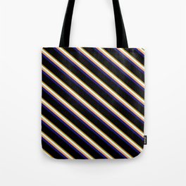 [ Thumbnail: Vibrant Dark Goldenrod, Light Cyan, Brown, Midnight Blue & Black Colored Stripes/Lines Pattern Tote Bag ]
