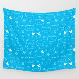 Turquoise and White Doodle Kitten Faces Pattern Wall Tapestry
