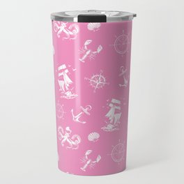 Pink And White Silhouettes Of Vintage Nautical Pattern Travel Mug