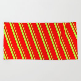 [ Thumbnail: Light Green and Red Colored Stripes Pattern Beach Towel ]
