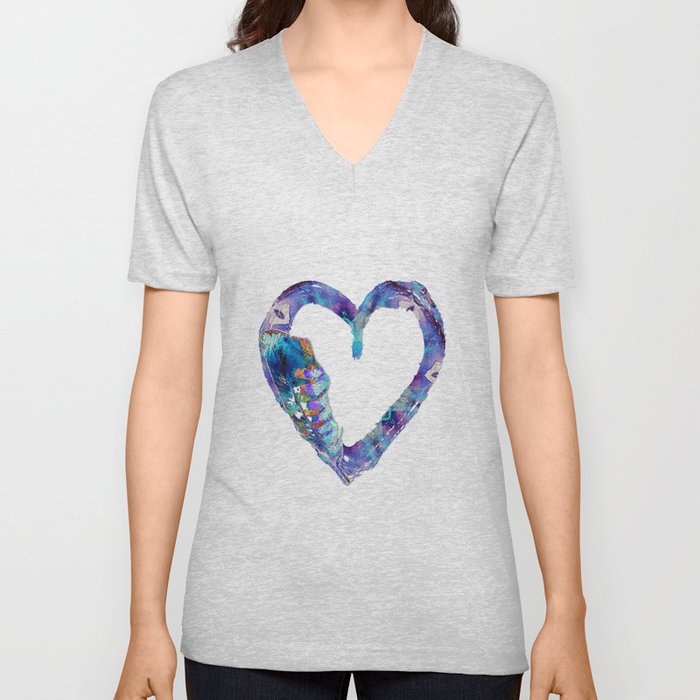 Blue Feather Love Heart Art by Sharon Cummings V Neck T Shirt