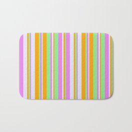 [ Thumbnail: Light Green, Orange, Lavender, and Violet Colored Striped/Lined Pattern Bath Mat ]