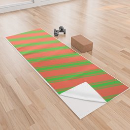 [ Thumbnail: Red and Lime Green Colored Striped Pattern Yoga Towel ]