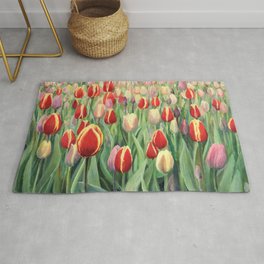 An oil painting on canvas of a spring seasonal theme. Colorful red, pink and yellow blooming tulips on display in Keukenhof Gardens, Netherlands. Rug