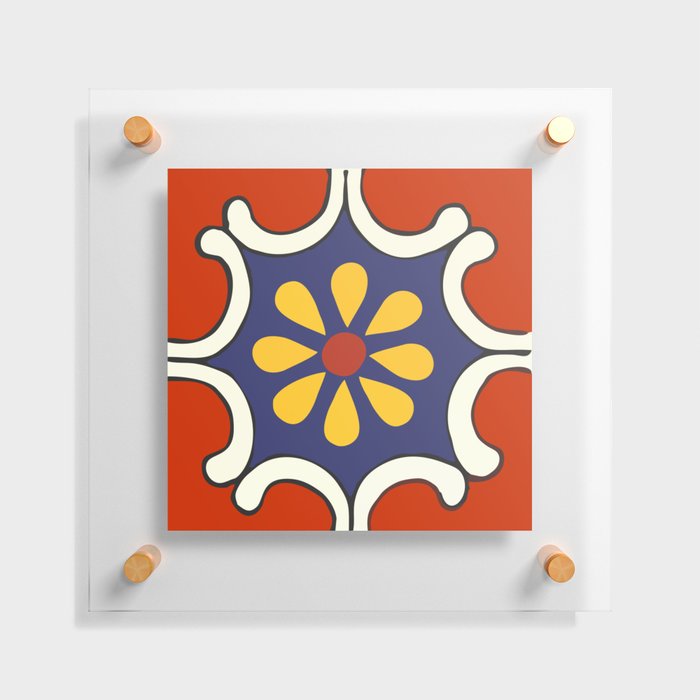 Talavera Mexican Bold Yellow Flora with Red Background Floating Acrylic Print