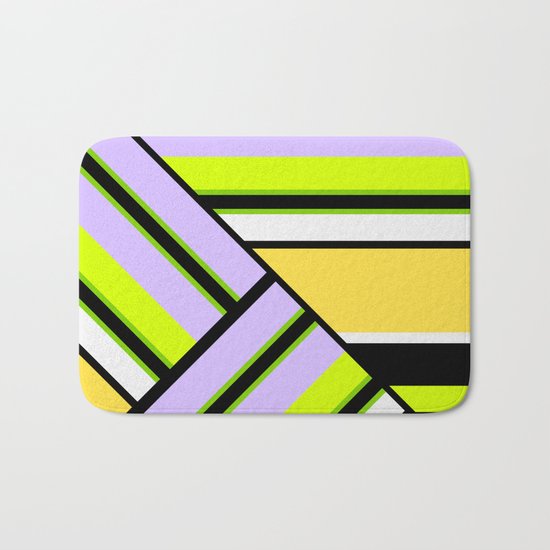 Striped , multi-colored , asymmetric combination pattern . Patchwork . Bath Mat