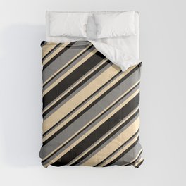 [ Thumbnail: Black, Grey & Beige Colored Striped Pattern Comforter ]
