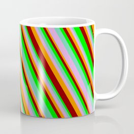 [ Thumbnail: Lime, Aquamarine, Plum, Dark Orange & Dark Red Colored Lines/Stripes Pattern Coffee Mug ]