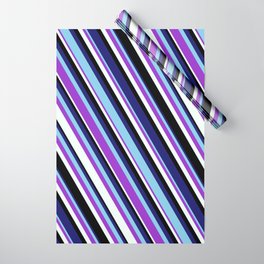 [ Thumbnail: Vibrant Midnight Blue, Sky Blue, Dark Orchid, Mint Cream, and Black Colored Lined/Striped Pattern Wrapping Paper ]