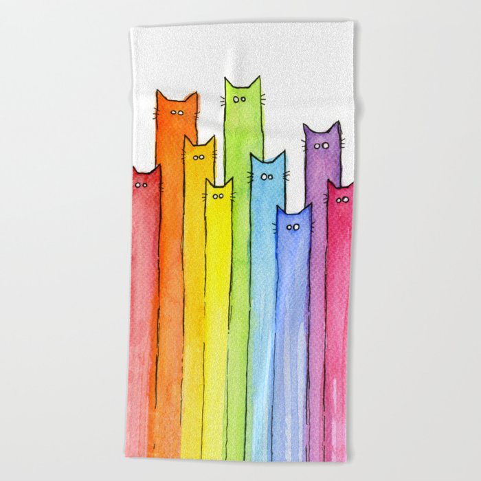 Cat Rainbow Watercolor Pattern Beach Towel