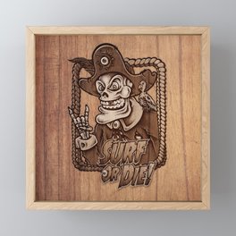 Zombie Pirate Skully Surf or Die on Wood. Framed Mini Art Print