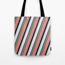 [ Thumbnail: Light Coral, Sea Green, Lavender & Black Colored Lined Pattern Tote Bag ]