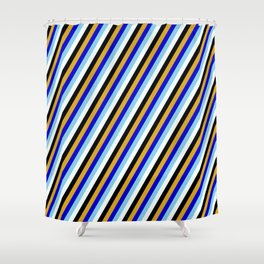 [ Thumbnail: Eyecatching Goldenrod, Blue, Sky Blue, Mint Cream, and Black Colored Stripes Pattern Shower Curtain ]