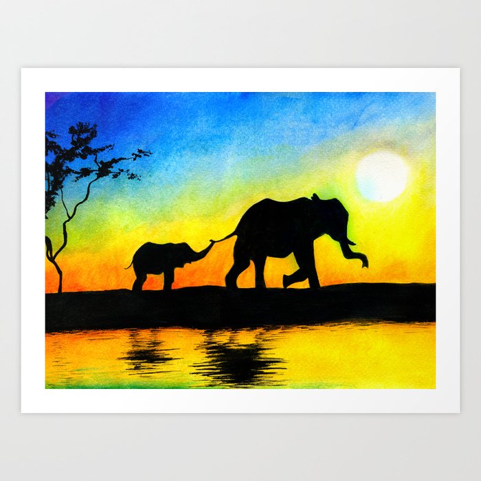 African Sunset Elephant Silhouette Art Print By