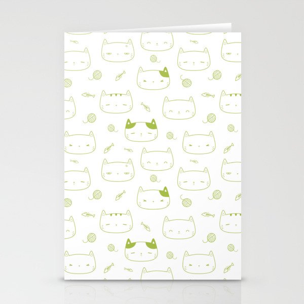 Light Green Doodle Kitten Faces Pattern Stationery Cards
