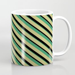 [ Thumbnail: Dark Khaki, Black & Sea Green Colored Lines Pattern Coffee Mug ]