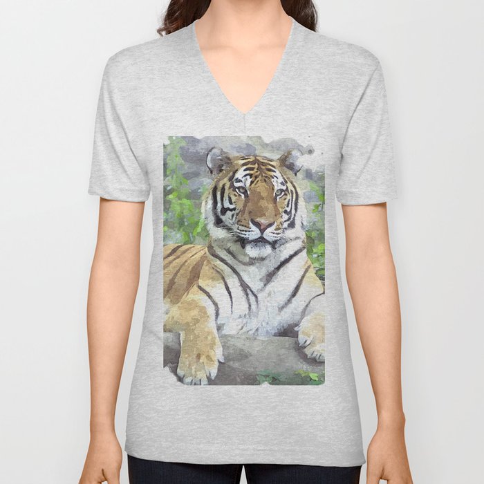 Tiger Watercolor V Neck T Shirt