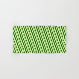 [ Thumbnail: Pale Goldenrod and Green Colored Pattern of Stripes Hand & Bath Towel ]