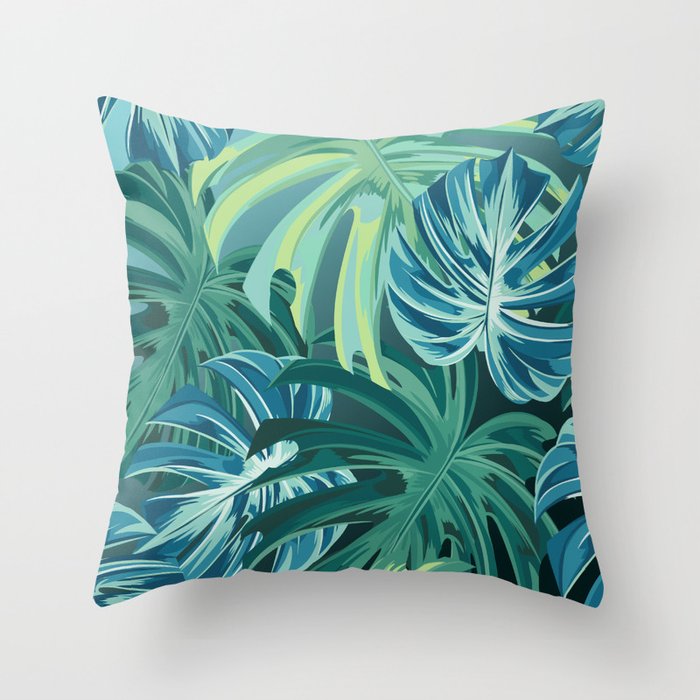 Tropical Monstera Palm Leaves on Teal Throw Pillow