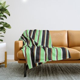 [ Thumbnail: Sienna, Green, White & Black Colored Lined Pattern Throw Blanket ]