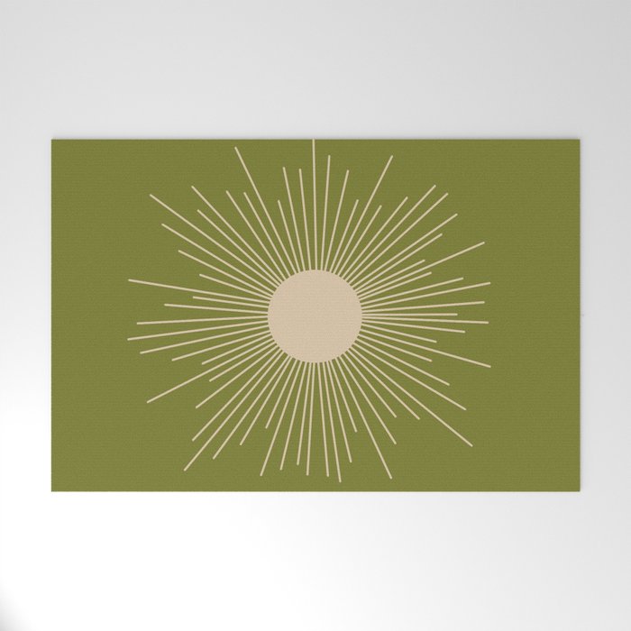 Mid-Century Modern Sunburst II - Minimalist Sun in Mid Mod Beige and Olive Green Welcome Mat