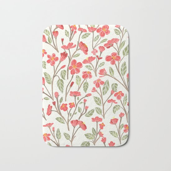 Red Botanical Pattern Bath Mat