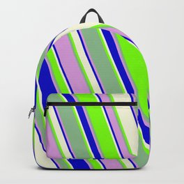 [ Thumbnail: Vibrant Blue, Beige, Green, Dark Sea Green, and Plum Colored Pattern of Stripes Backpack ]