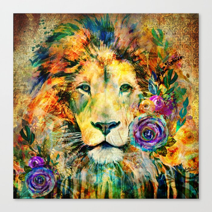 Bold Mixed Media Lion with Vintage Background Canvas Print