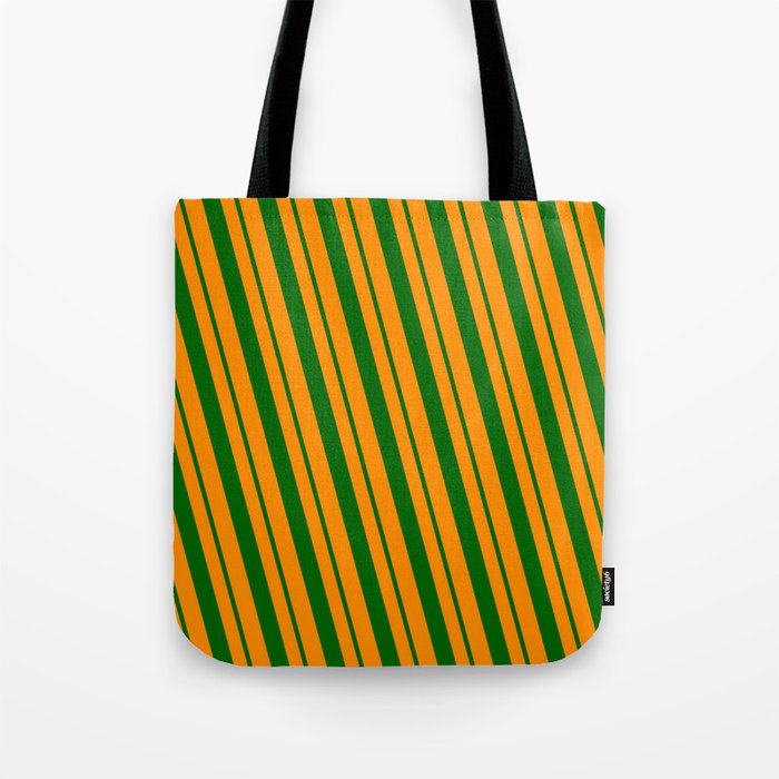 Dark Orange & Dark Green Colored Striped/Lined Pattern Tote Bag