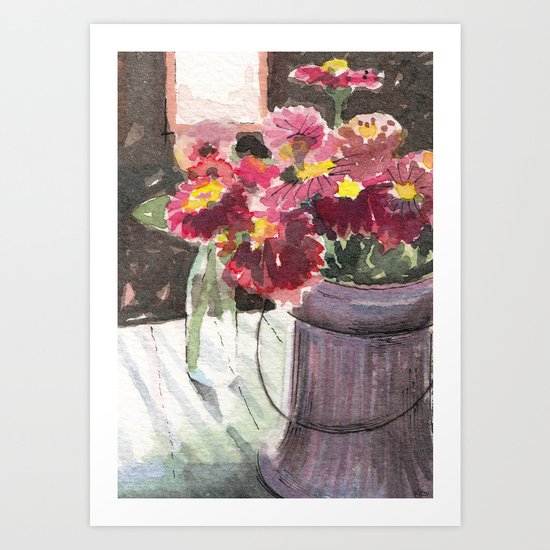 zinnias at sunset Art Print