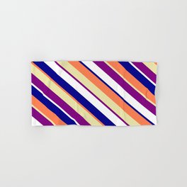 [ Thumbnail: Colorful Coral, Pale Goldenrod, Purple, White & Dark Blue Colored Lines/Stripes Pattern Hand & Bath Towel ]