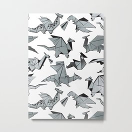 Origami metallic dragon friends // white background metal silver fantasy animals Metal Print
