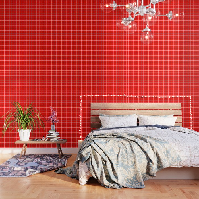 Candy apple red - red color - White Lines Grid Pattern Wallpaper
