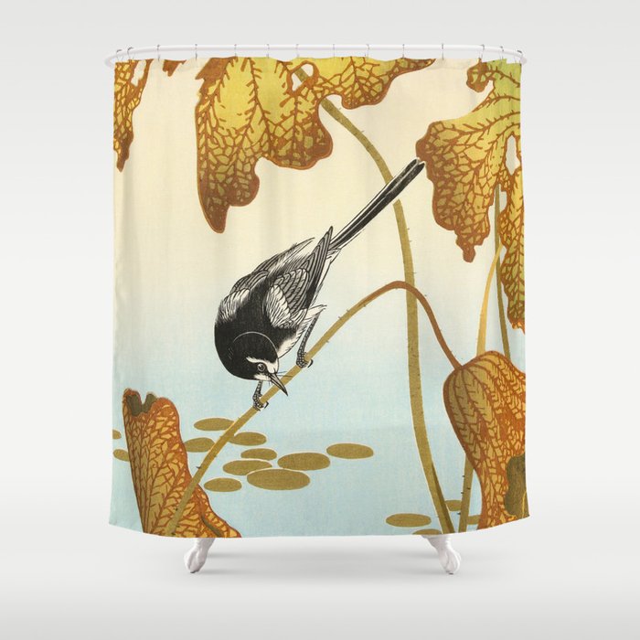 Bird sitting on a lotus plant - Vintage Japanese Woodblock Print Art Shower Curtain
