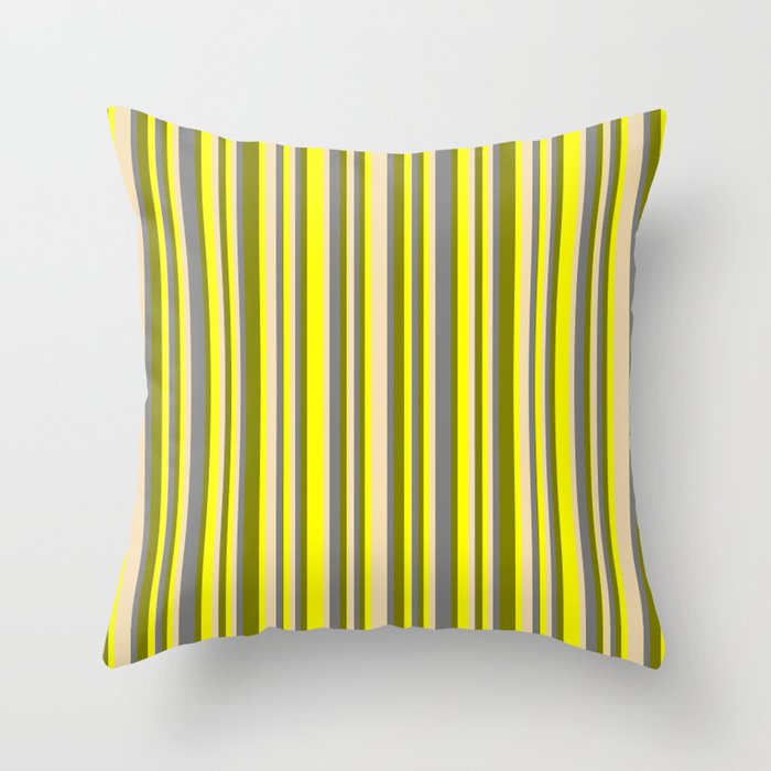 Green, Yellow, Tan & Grey Colored Lined/Striped Pattern Throw Pillow