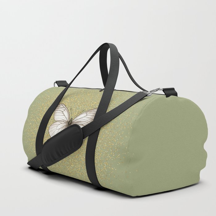 Hand-Drawn Butterfly and Golden Fairy Dust on Sage Green Duffle Bag