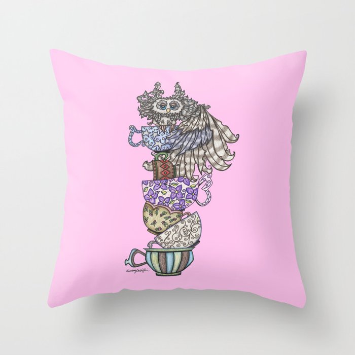Owlice Wants Another Cup of Tea Pink Throw Pillow