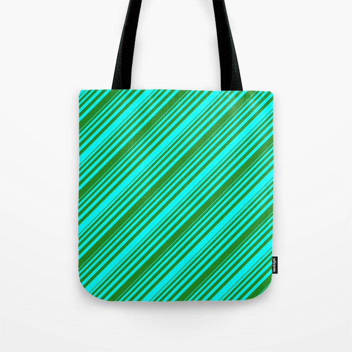 Cyan and Forest Green Colored Lined/Striped Pattern Tote Bag