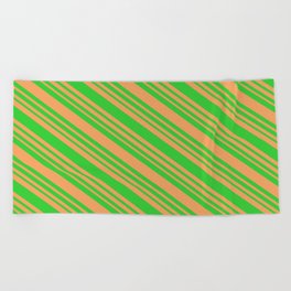 [ Thumbnail: Brown & Lime Green Colored Striped/Lined Pattern Beach Towel ]