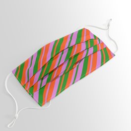 [ Thumbnail: Orchid, Green & Red Colored Stripes/Lines Pattern Face Mask ]