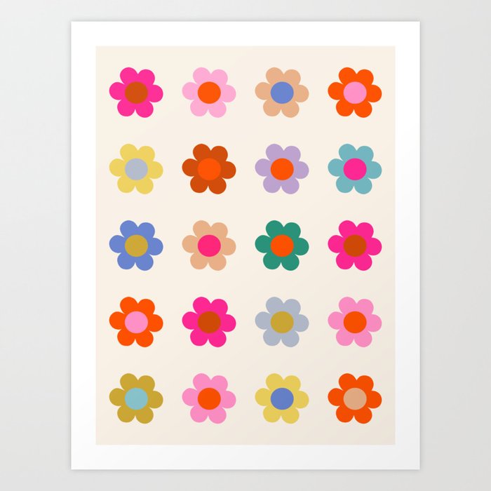Retro Floral Colorful Print Preppy Aesthetic Decor Abstract Flowers Art Print