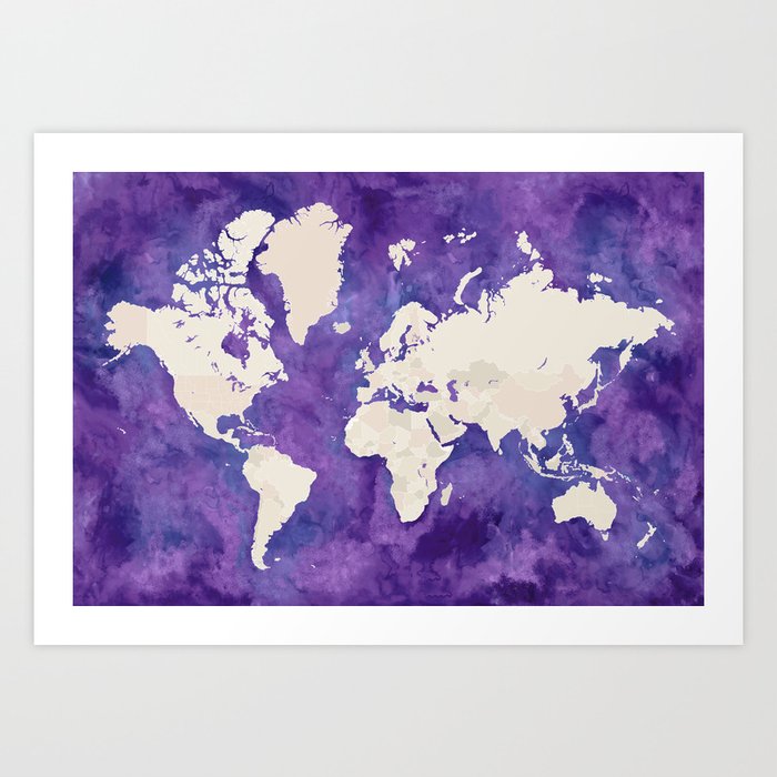 Purple watercolor and light brown world map with outilined countries Art Print