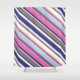 [ Thumbnail: Colorful Hot Pink, Gray, Dark Slate Blue, Light Yellow, and Light Blue Colored Stripes/Lines Pattern Shower Curtain ]