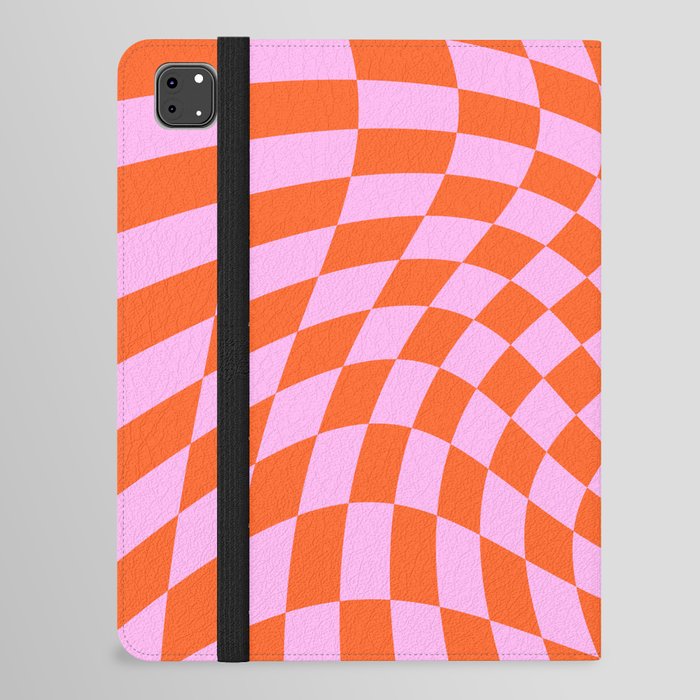 Retro Orange and Pink Bright Psychedelic Twisted Checker Swirl Print iPad Folio Case