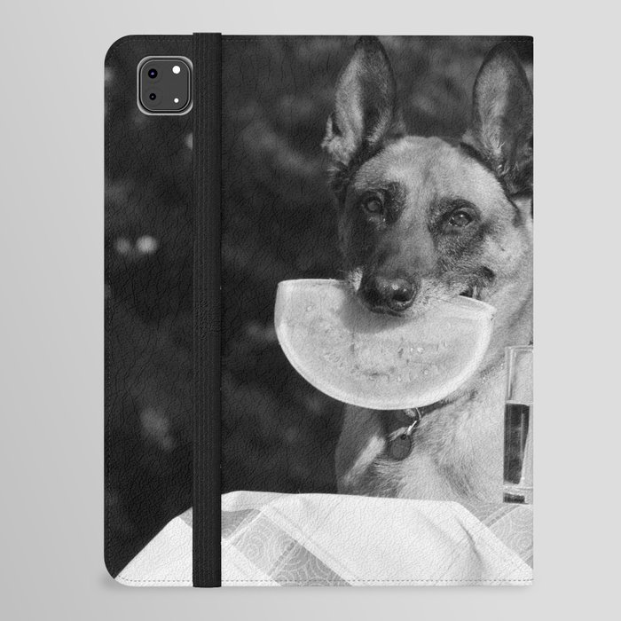 German Shepherd picnic with gingham and watermelon funny black and white portrait photograph - photography - photographs iPad Folio Case
