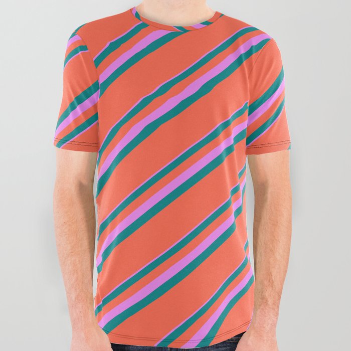 Violet, Teal & Red Colored Lines/Stripes Pattern All Over Graphic Tee