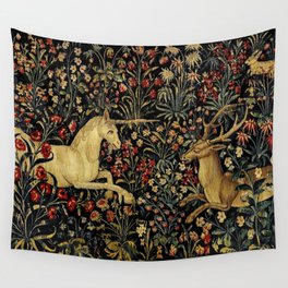Medieval Unicorn Midnight Floral Garden Wall Tapestry