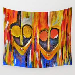 Two African Masquerade Masked Faces Wall Tapestry