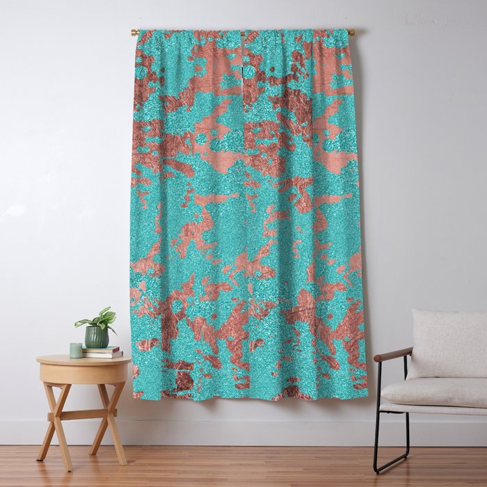Modern Turquoise Glitter Faux Rose Gold Marble Blackout Curtain By