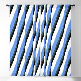 [ Thumbnail: Eyecatching Cornflower Blue, Dark Slate Gray, Black, White, and Light Blue Colored Striped Pattern Blackout Curtain ]